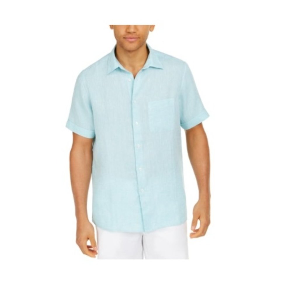 NWT Tasso Elba Turquoise Short Sleeve Collared Button Down Shirt XL $65 D0060